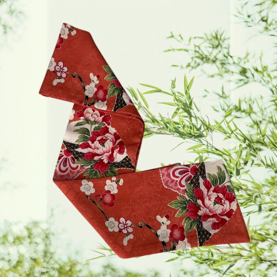 Vintage Kimono Silk Scarf orange with pink cherry blossom flowers