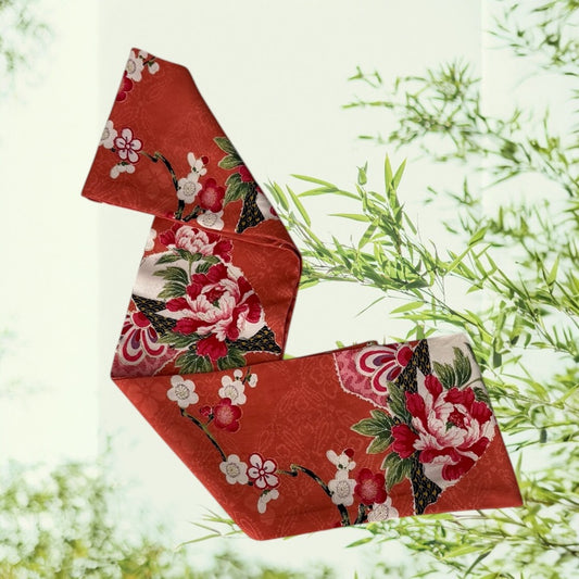 Vintage Kimono Silk Scarf orange with pink cherry blossom flowers