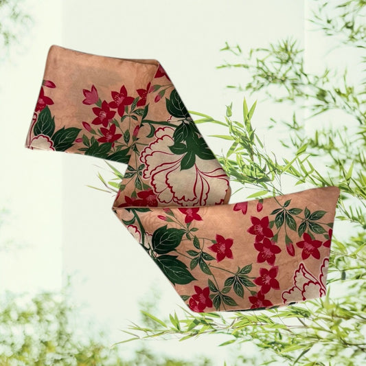 Vintage Kimono Silk Scarf pink background with red flowers and leaves