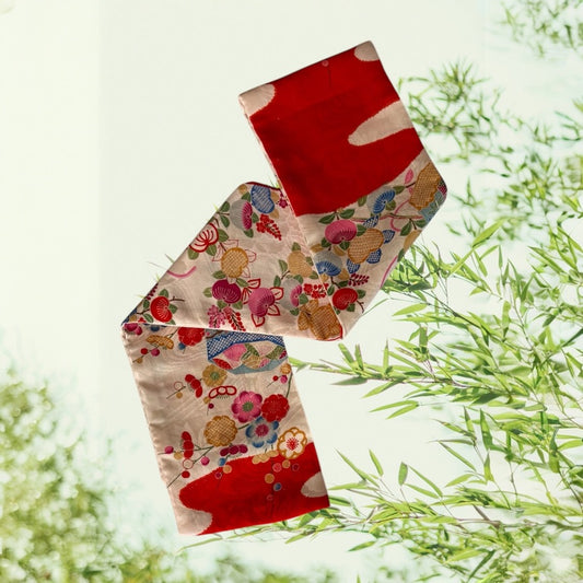 Vintage Kimono Silk Scarf with orange/ white waves and flowers