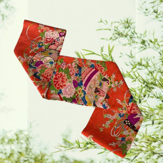 Vintage Kimono Silk Scarf orange colorful flowers