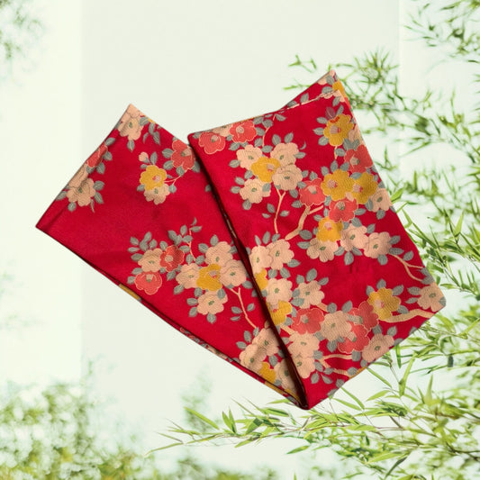 Vintage Kimono Silk Scarf red background with pink, yellow, and orange flowers