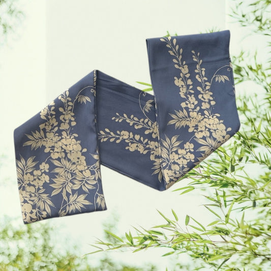 Vintage Kimono Silk Scarf blue background with white flowers