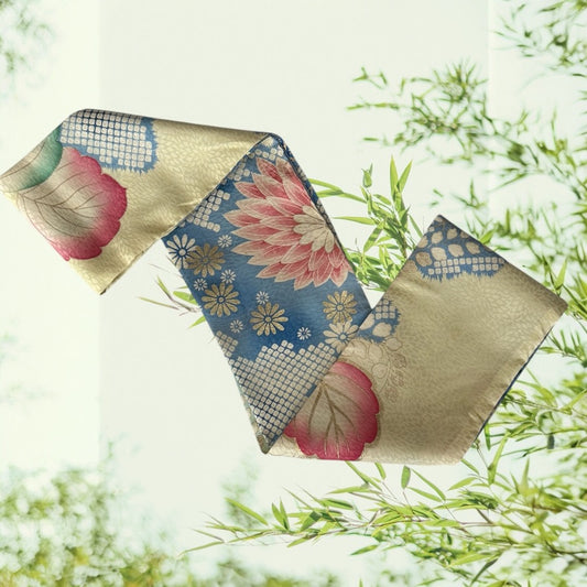 Vintage Kimono Silk Scarf white and blue with pink flowers