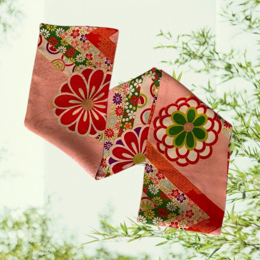 Vintage Kimono Silk Scarf with bold flowers