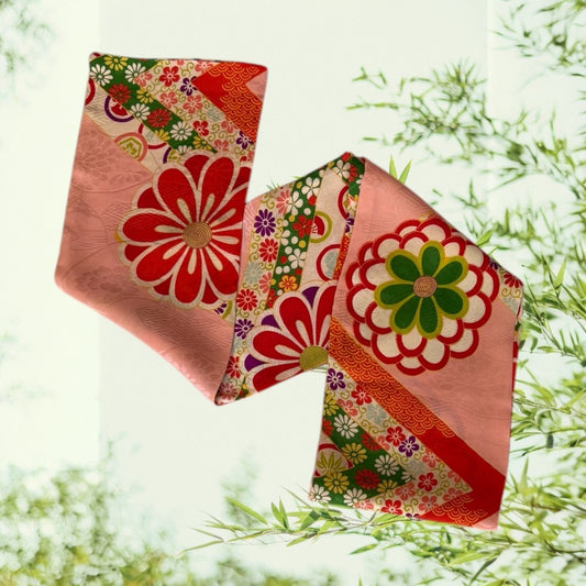 Vintage Kimono Silk Scarf with bold flowers