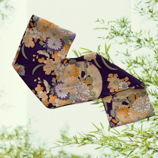 Vintage Kimono Silk Scarf purple background with yellow, white, and purple flowers